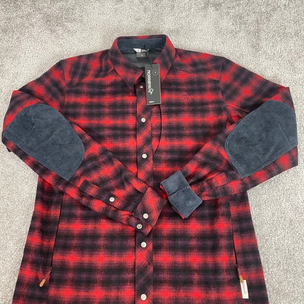 Norrona Tamok Wool Shirt Mens Small Elbow Pads Pearl Snap Buffalo Plaid NWT